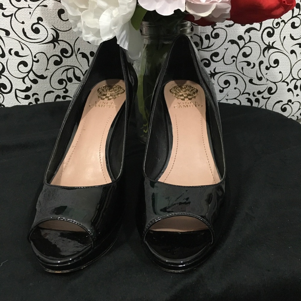 Vince Camuto Black Patent Leather Peep Toe Heels